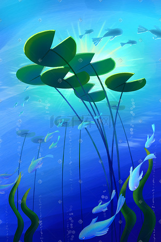 夏日河底莲花鱼儿深蓝色手绘插画