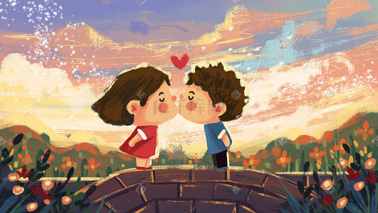 情侣情人节接吻插画图片_520男孩女孩接吻可爱插画