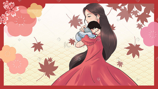 母亲抱孩子插画图片_温馨母亲节红色温馨手绘插画