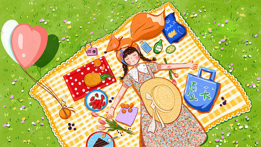 草莓女孩插画图片_夏天野餐夏狐狸薯片草莓盘子毯子草地女孩
