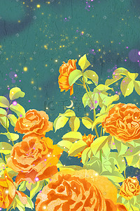 盛夏夏天夜晚星空下花园玫瑰花盛开手绘插画