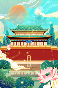 国潮中国风建筑插画图片_国潮中国风山水建筑风景