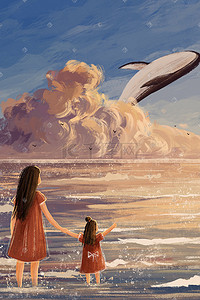 海陆空背影插画图片_母亲节夕阳母女背影温馨治愈风景海鲸鱼天空