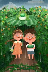 西瓜藤蔓插画图片_二十四节气立夏抱着西瓜雨天走在林荫小道