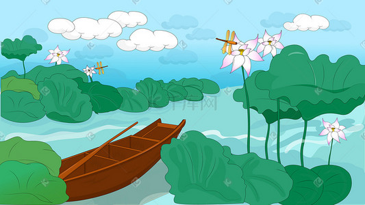 夏天简洁插画图片_矢量扁平夏至夏日夏天绿色荷叶荷塘小船