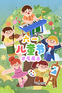 六一儿童节才艺展示扁平艺术音乐绘画