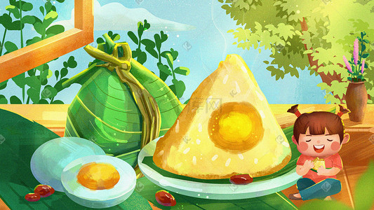 节日氛围的插画图片_端午节吃粽子的女孩美食节日二十四节气插画