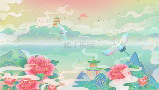 生鲜果蔬海报插画图片_国潮风中国风山水牡丹飞鹤插画海报背景