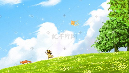 狐狸插画图片_蓝天白云下草原女孩和狐狸玩耍插画