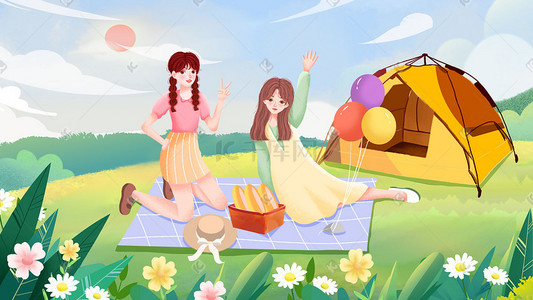 气球变小插画图片_卡通小清新24节气夏至夏天夏季露营野餐