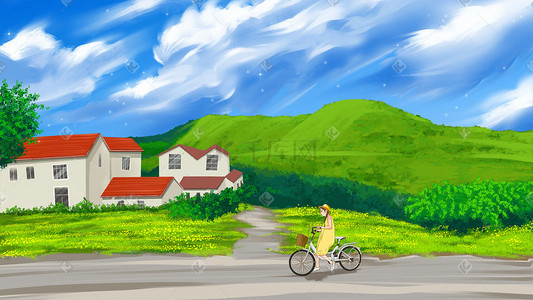 骑自行车绿色插画图片_蓝天白云绿色乡村插画