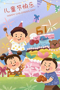 幼儿园培训插画图片_儿童节儿童生日蛋糕可爱场景