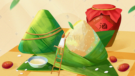 大枣泡水插画图片_卡通手绘端午节温馨氛围粽子女孩酒节日插画