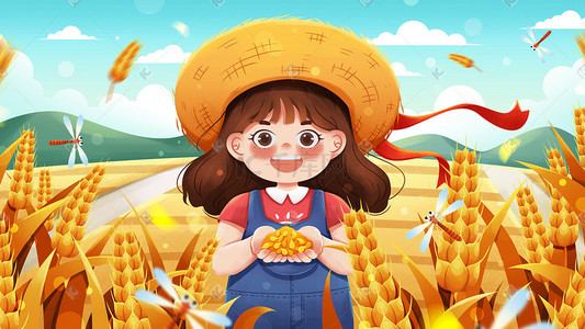 农作物插画图片_清新二十四节气芒种麦田里捧麦粒女孩