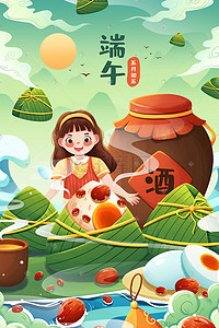 勺子里的红豆插画图片_绿色五月初五传统节日端午节美味粽子