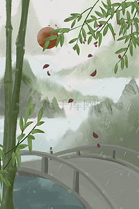 节日水墨插画图片_古风水彩水墨桥面下雨春季绿色