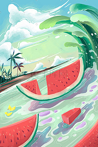 手绘海洋天空插画图片_创意夏天西瓜海洋季手绘插画