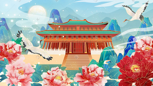 高端名片样机插画图片_高端大气中国风山水建筑唯美国潮风景