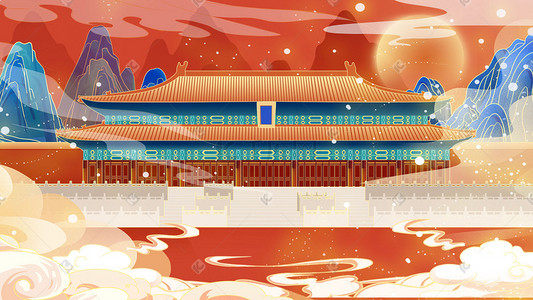 建筑唯美风景插画图片_喜庆中国风山水建筑太和殿唯美风景