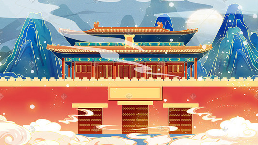 马戏团博物馆插画图片_国潮中国风山水建筑故宫博物馆