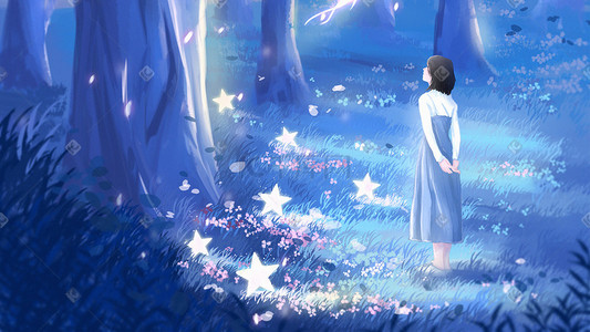 唯美森林草地插画图片_唯美治愈森林里遇到星星月亮的少女插画