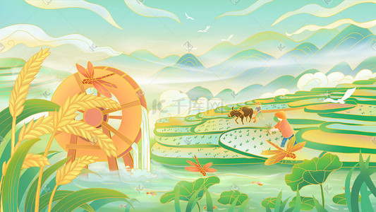 国潮风节气芒种水稻田野插画海报背景