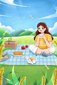 篮子麦子插画图片_芒种女孩野餐麦子丰收猫咪蜻蜓