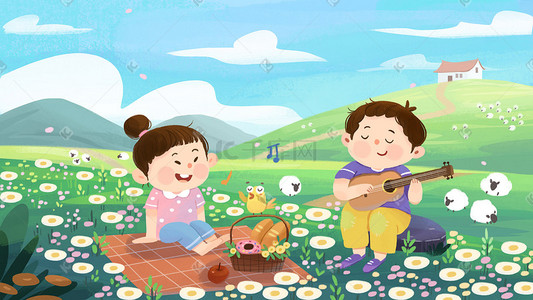 暑假生活野餐弹琴可爱治愈系场景卡通手绘郊外插画带着宠物狗野营在