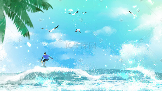 夏天活动插画图片_夏季夏天海边户外活动冲浪游泳