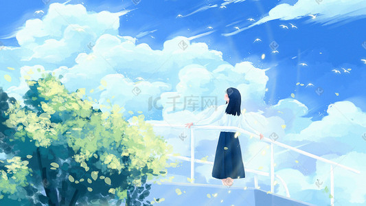 速图插画图片_唯美治愈夏日夏天仰望天空的少女插画