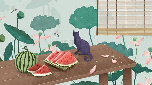 夏季美食西瓜插画图片_夏至荷花池中西瓜和猫