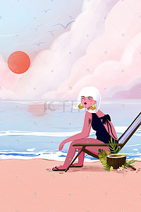 氛围感女孩插画图片_速涂 海边 女孩 夏天 海浪 云彩 沙滩