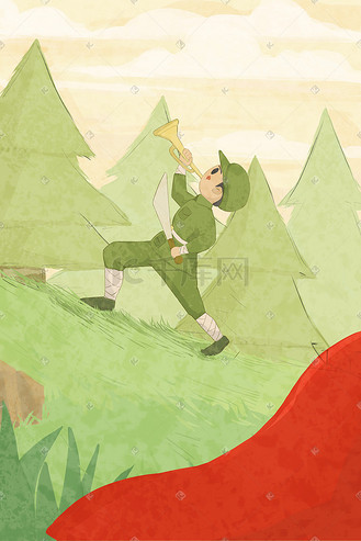 红军吹号角冲锋手绘卡通插画