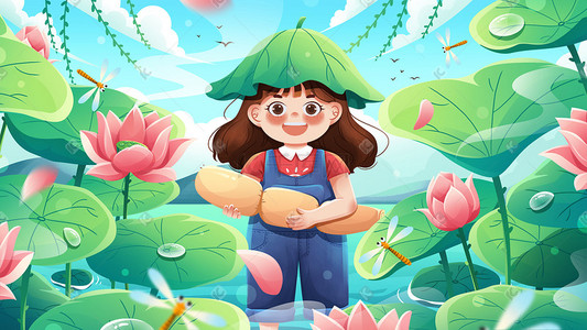 清新夏季荷花池里抱莲藕女孩小暑大暑