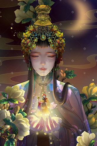 手绘插画插画国潮风中国风戏曲京剧插画国潮京剧戏曲人物暖色调配图