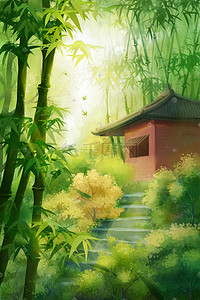竹子文化墙插画图片_竹林小屋幽静竹子灌木台阶