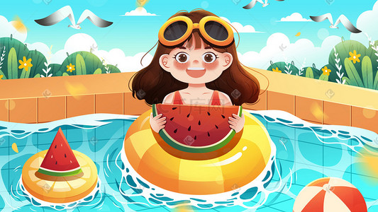 夏季三伏插画图片_清新夏季泳池里吃西瓜女孩小暑大暑