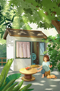 夏天院子插画图片_夏天小暑大暑夏日树荫乘凉女孩吃西瓜户外