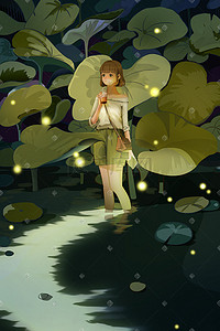 秋季壁纸插画图片_夏天的夜晚女孩在水中喝奶茶