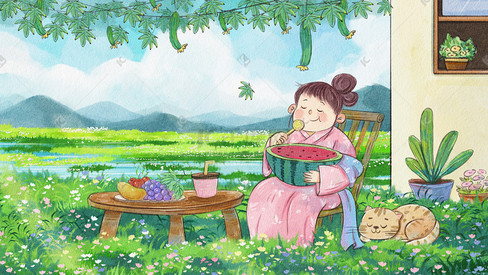 中国风乘凉治愈系女孩在院子里吃西瓜