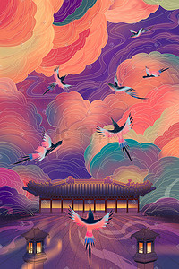 喜鹊海棠插画图片_七夕喜鹊唯美场景祥云建筑夜空