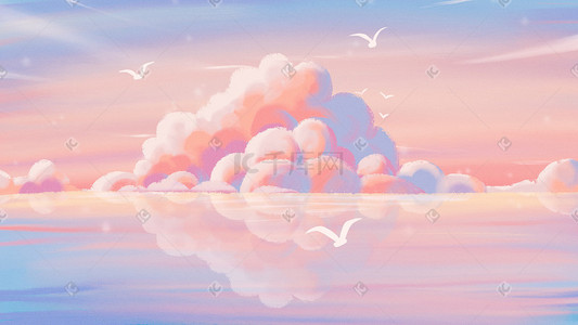 自然风景天空插画图片_浪漫唯美夏季自然风景大海天空彩云海鸥日系