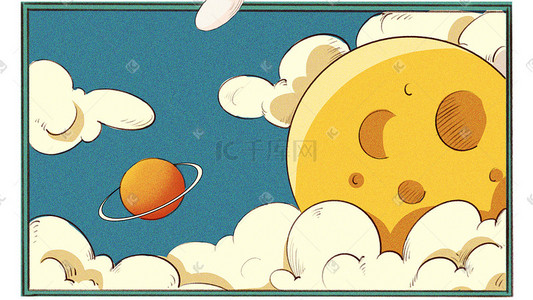 月球斑驳插画图片_复古卡通中秋月球插画