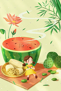 盛夏西瓜插画图片_大暑小暑夏天盛夏女孩吃西瓜的场景插画