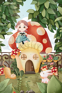 树屋插画图片_治愈树下蘑菇屋女孩手绘插画海报