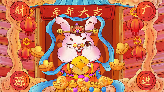 新年国潮风插画图片_国潮风兔年新年兔财神喜迎春插画海报背景