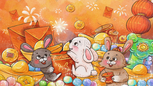 财神兔插画图片_兔年新年红色喜庆兔子财宝灯笼场景