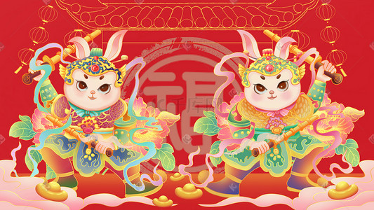 兔兔兔插画图片_国潮风新年兔年兔门神迎春插画海报背景