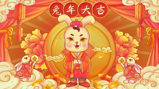 兔年新年兔子插画图片_国潮风兔年新年兔子迎春兔年大插画海报背景