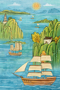 巨轮航海插画图片_古风水彩航海水彩风景中国航海日